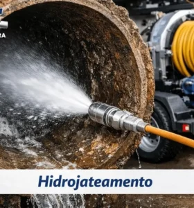 Equipamento de hidrojateamento da Desentupidora realizando limpeza de alta pressão em rede de esgoto.